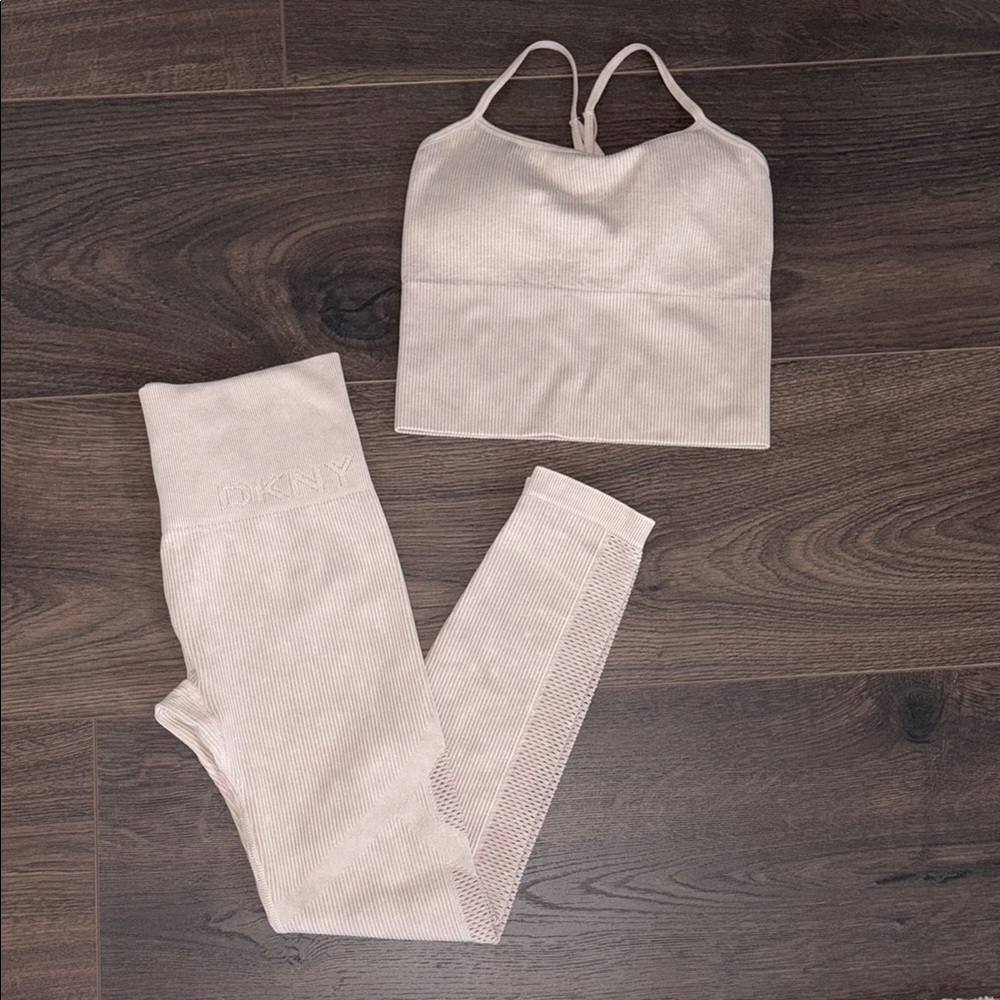 DKNY Sport Seamless Ribbed 2-Piece Workout Bra Leggings Matching Set - S